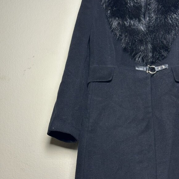 Ivanka Trump Peacoat Jacket Women 12 Black Outerwear Faux Fur Trim Belted Wool - Picture 13 of 16